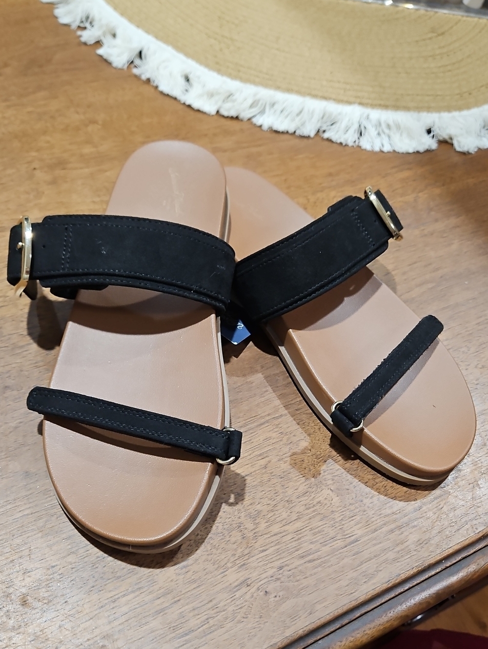 Universal Thread Black and Tan Slide Sandals with Gold Buckle